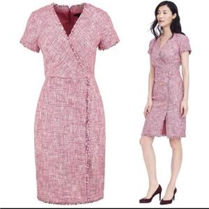 Banana Republic Pink Tweed Fringed Faux Wrap Sheath Dress 8P
